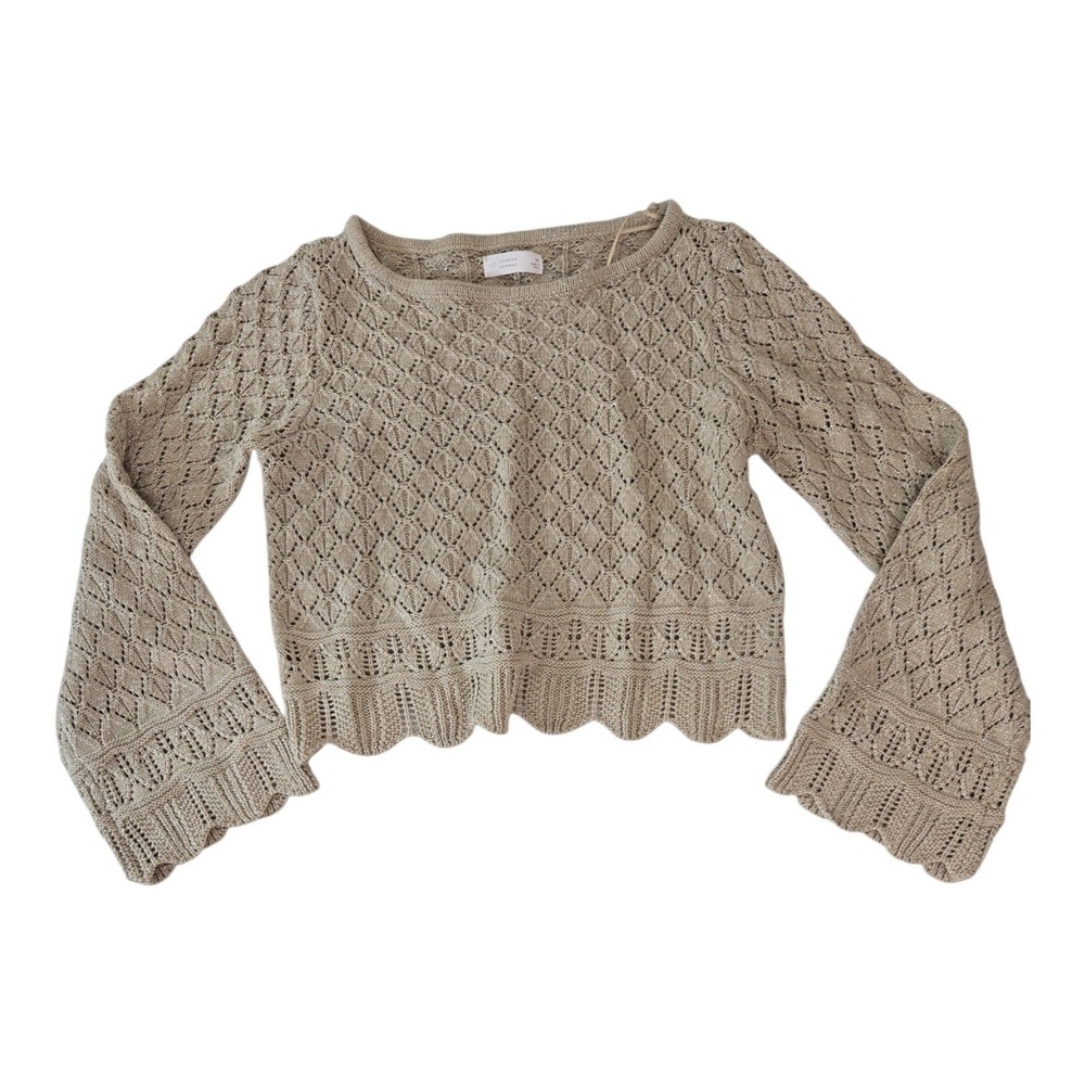 LC Lauren Conrad Womens Beige Metallic Crochet Bell‎ Sleeve Sweater TopSize M